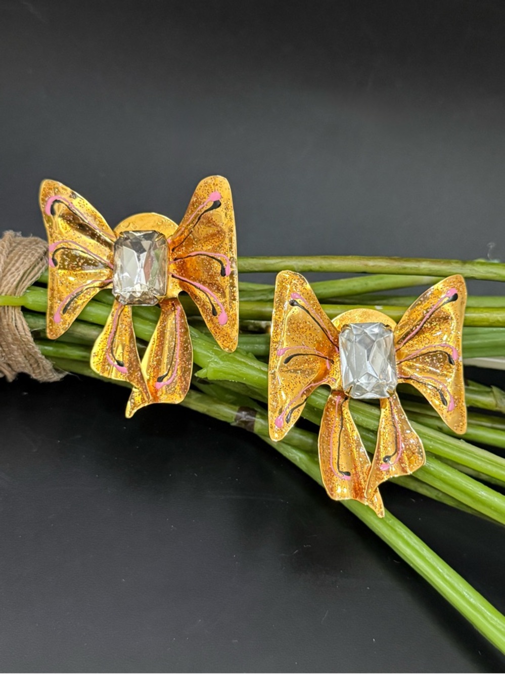 Vintage ‘87 Lunch At The Ritz Gold-tone Enamel w/ Rhinestone Huge Bow Earrings